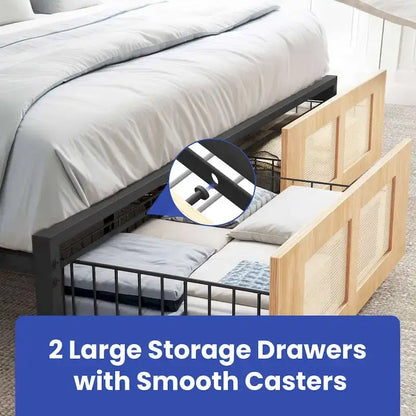 Moasis Rattan Headboard Storage Bed with 2 Drawer
