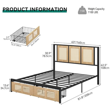 Moasis Rattan Headboard Storage Bed with 2 Drawer