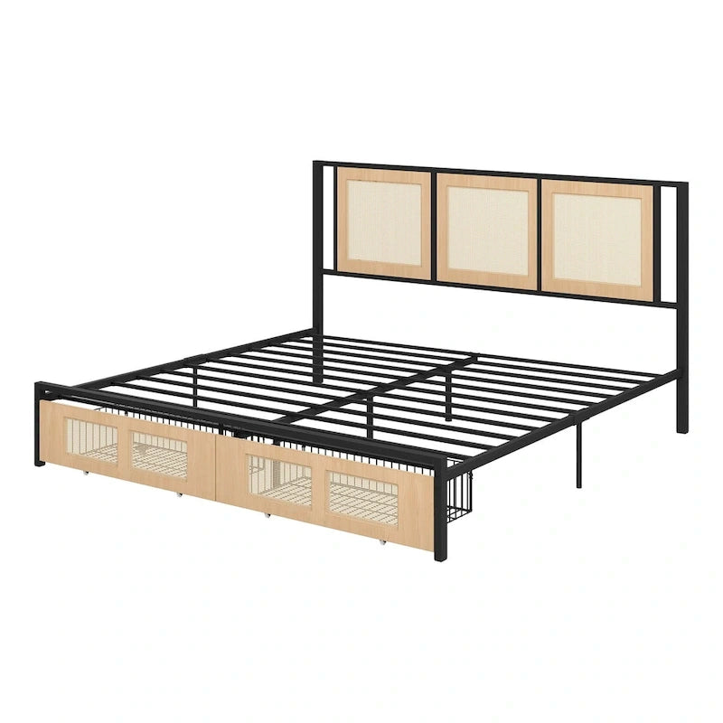 Moasis Rattan Headboard Storage Bed with 2 Drawer