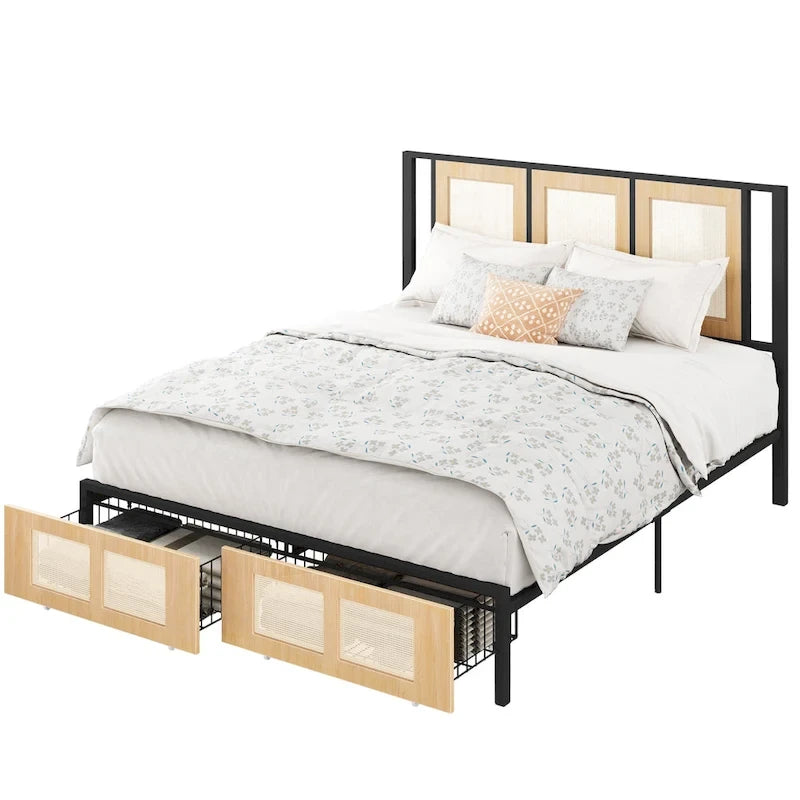 Moasis Rattan Headboard Storage Bed with 2 Drawer