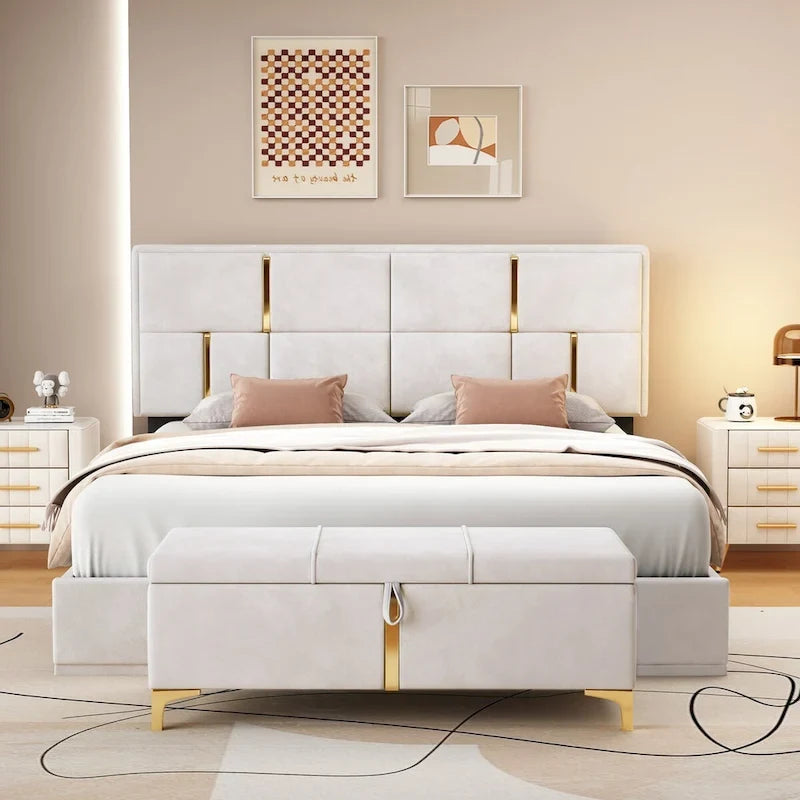 Queen Size Upholstered Platform Bed with Storage Ottoman 2-Pieces Bedroom Sets