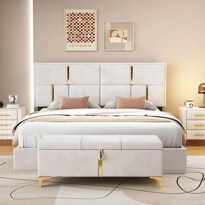 Queen Size Upholstered Platform Bed with Storage Ottoman 2-Pieces Bedroom Sets