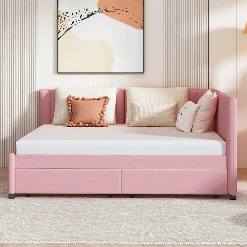Full Size Upholstered Daybed with 2 Storage Drawers Sofa Bed Frame