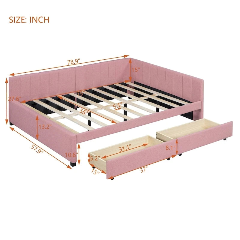 Full Size Upholstered Daybed with 2 Storage Drawers Sofa Bed Frame