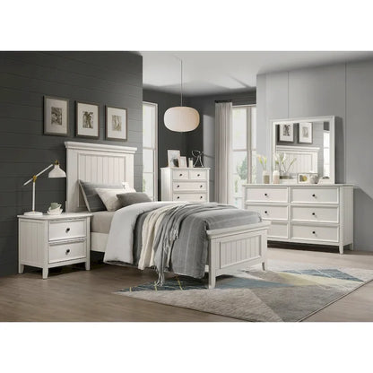 White Finish 4pc Bedroom Set Bed Nightstand Dresser Mirror