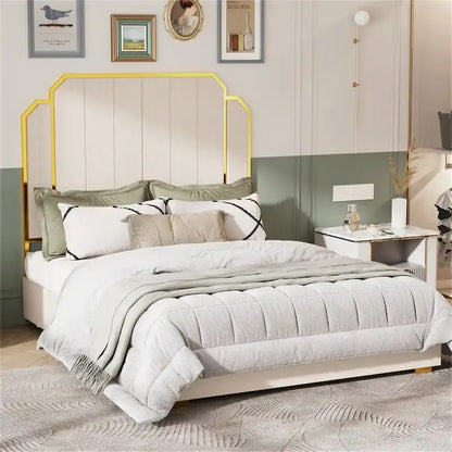 Queen Size Bed Frame and 59.06 Headboard with Golden Plating Trim