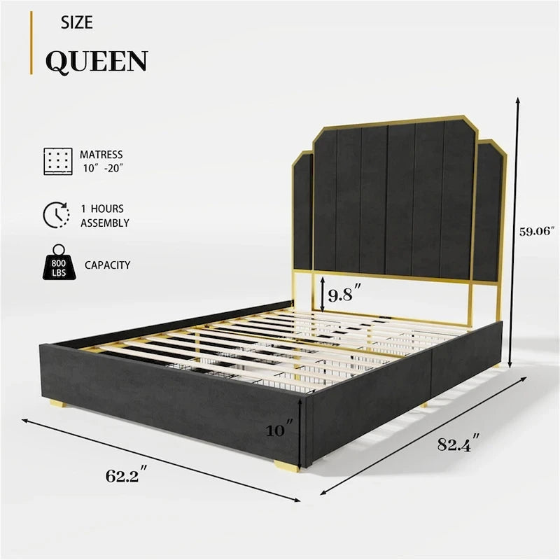 Queen Size Bed Frame and 59.06 Headboard with Golden Plating Trim
