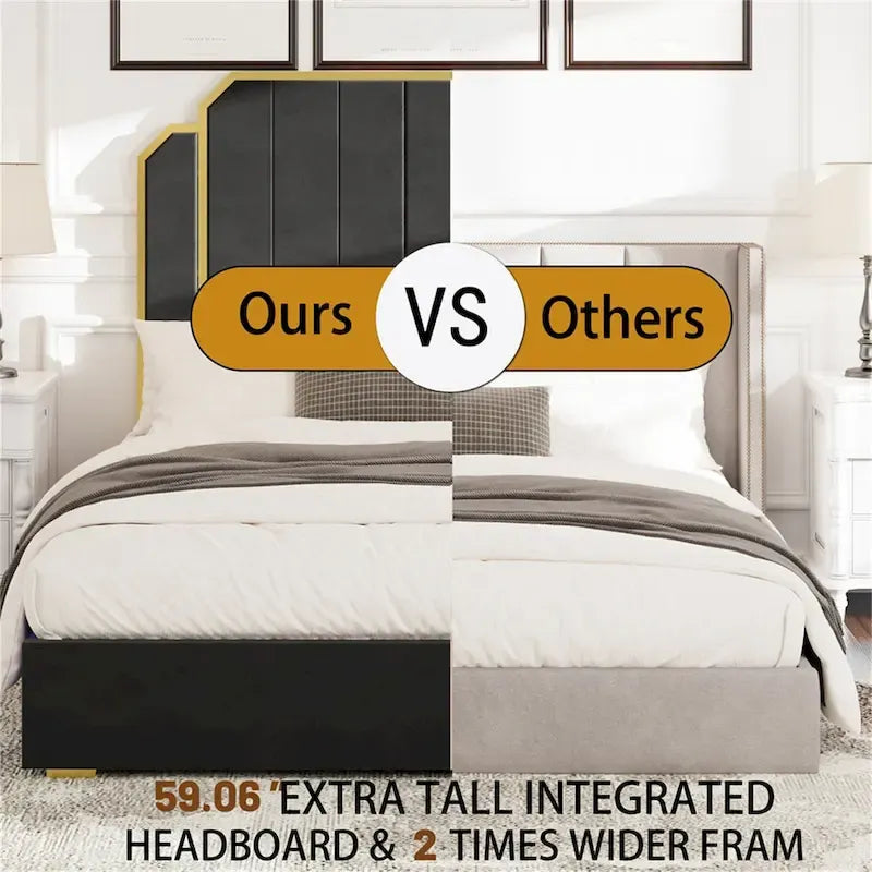 Queen Size Bed Frame and 59.06 Headboard with Golden Plating Trim