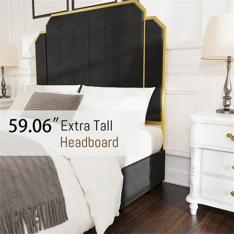 Queen Size Bed Frame and 59.06 Headboard with Golden Plating Trim