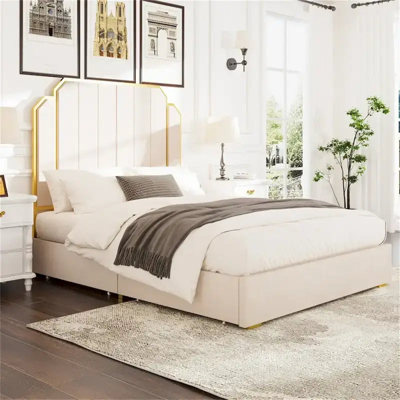 Queen Size Bed Frame and 59.06 Headboard with Golden Plating Trim