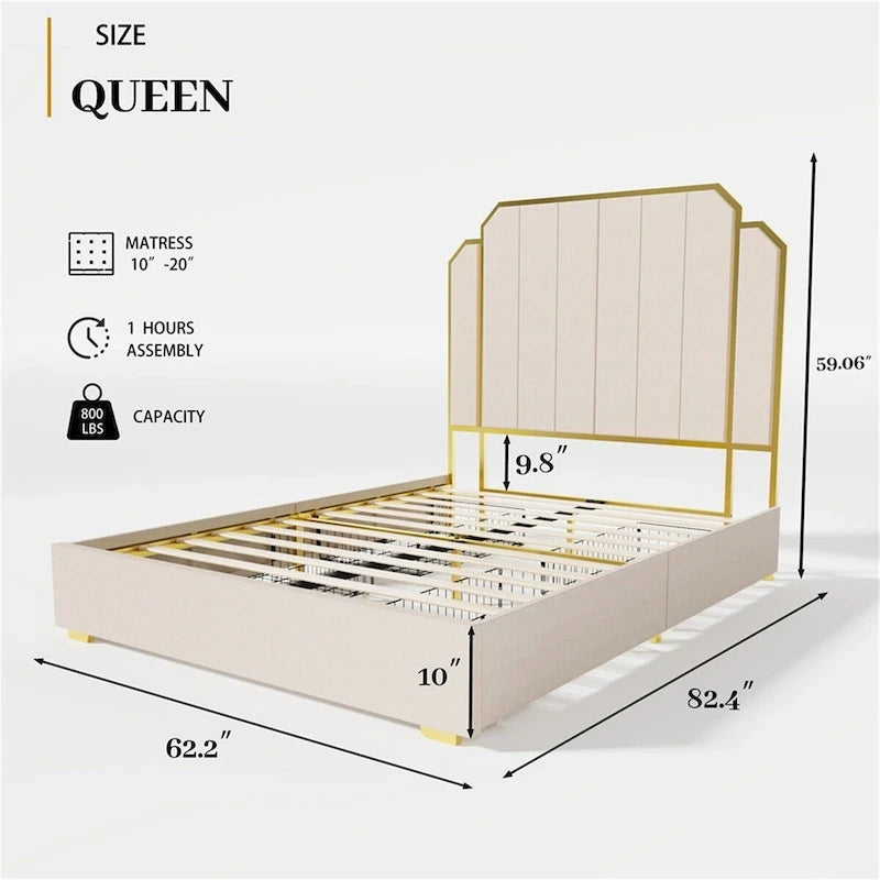 Queen Size Bed Frame and 59.06 Headboard with Golden Plating Trim