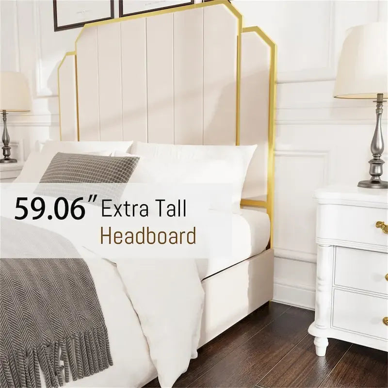 Queen Size Bed Frame and 59.06 Headboard with Golden Plating Trim