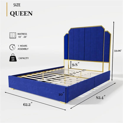 Queen Size Bed Frame and 59.06 Headboard with Golden Plating Trim
