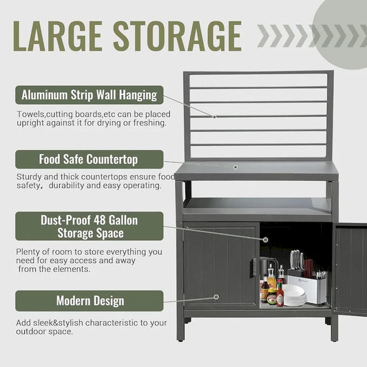 Outdoor Aluminum Kitchen Storage Island with Wall Hanging, Freestanding Grill Storage Cabinet
