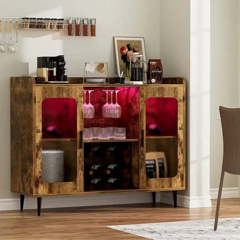 Farmhouse Rustic Accent Cabinet with LED Light USB Port, Sideboard Buffet Home Bar