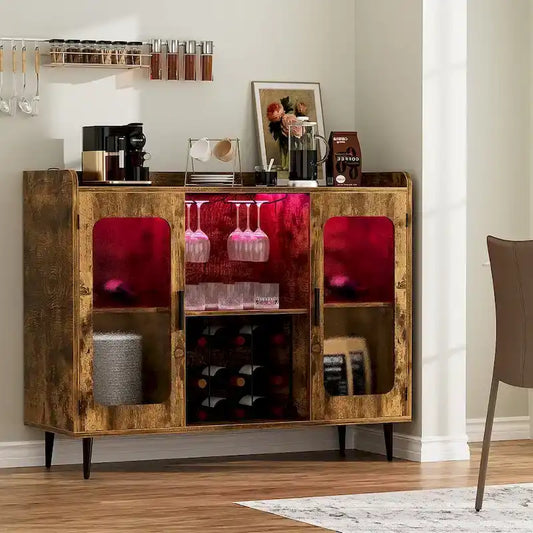 Farmhouse Rustic Accent Cabinet with LED Light USB Port, Sideboard Buffet Home Bar