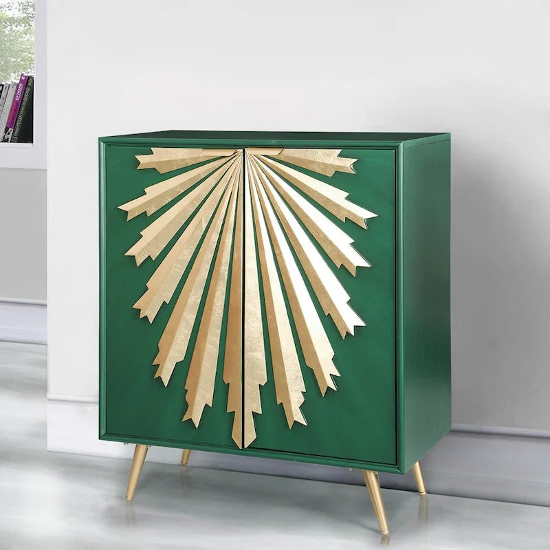 Mid-Century Modern Glam Solid Wood Cabinet 2-Door Sunburst Accent Storage Sideboard Cupboard Dining Room Buffet