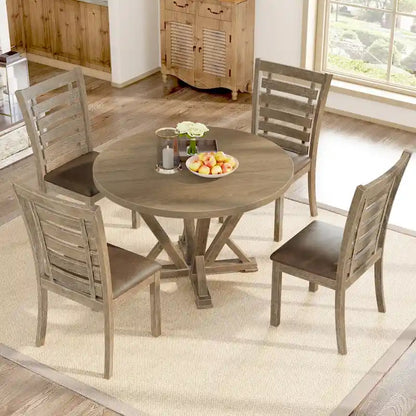 5pcs Table Set Round Dining Table Solid Wood Modern Farmhouse Rustic Look Distressed Look