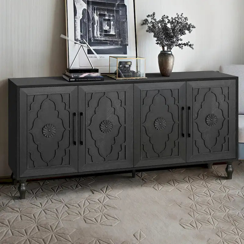 Large Storage Cabinet with Carved Flower Doors and Metal Handles
