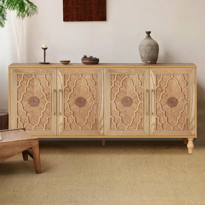 Large Storage Cabinet with Carved Flower Doors and Metal Handles