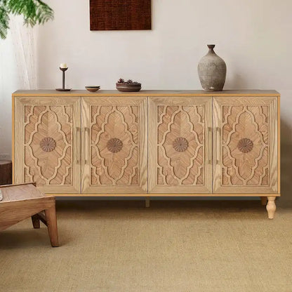 Large Storage Cabinet with Carved Flower Doors and Metal Handles