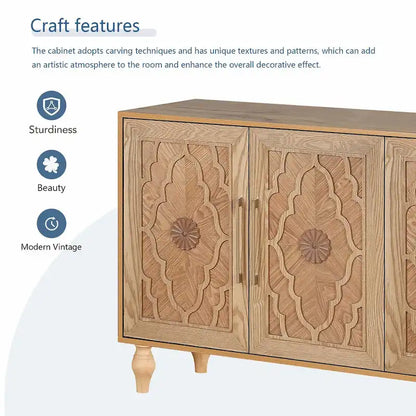 Large Storage Cabinet with Carved Flower Doors and Metal Handles
