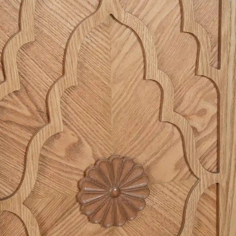 Large Storage Cabinet with Carved Flower Doors and Metal Handles
