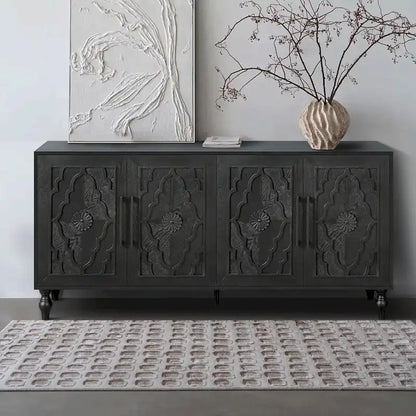Large Storage Cabinet with Carved Flower Doors and Metal Handles