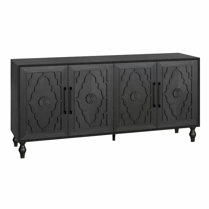 Large Storage Cabinet with Carved Flower Doors and Metal Handles
