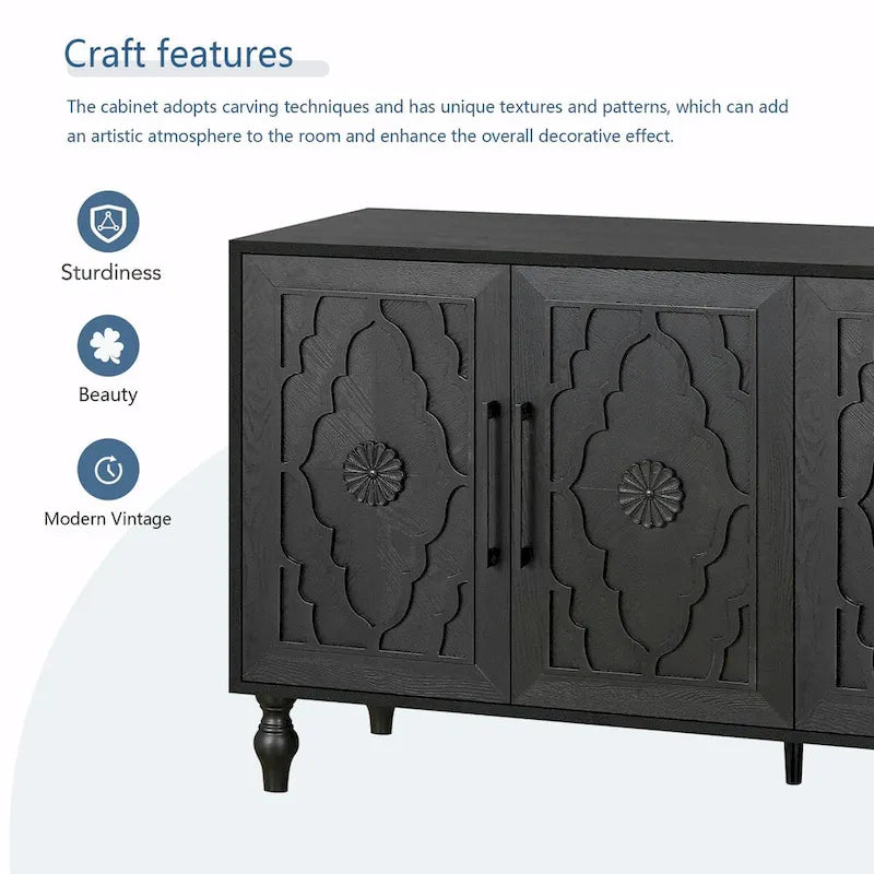 Large Storage Cabinet with Carved Flower Doors and Metal Handles