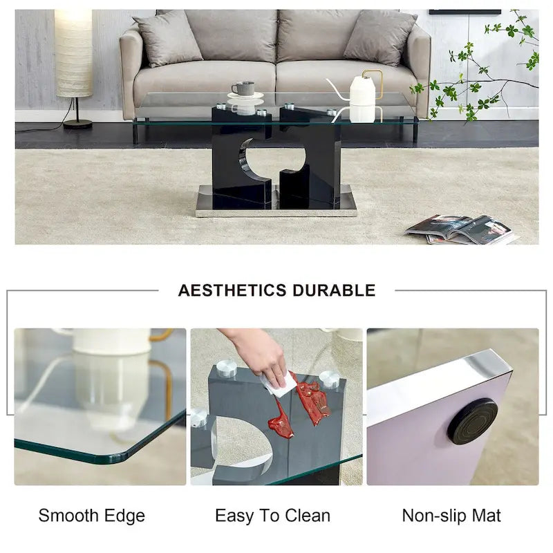 A 47.2*25.5*18 rectangular modern and fashionable table with tempered glass tabletop and black MDF legs for living room