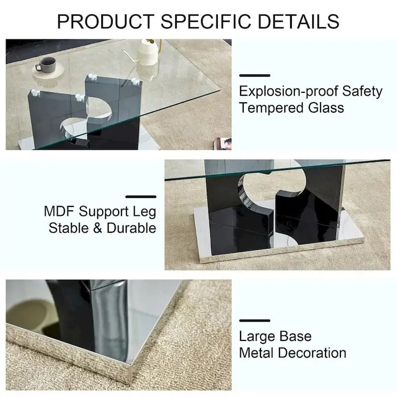 A 47.2*25.5*18 rectangular modern and fashionable table with tempered glass tabletop and black MDF legs for living room