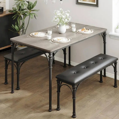 Dining Table Set for 4 with 2 Upholstered Bench