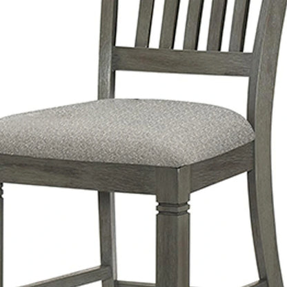 26 Inch Counter Height Chair Set of 2, Slat Back, Gray Wood, Fabric Seat