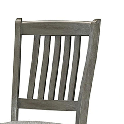 26 Inch Counter Height Chair Set of 2, Slat Back, Gray Wood, Fabric Seat
