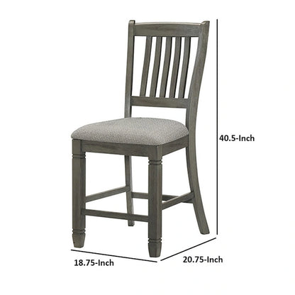 26 Inch Counter Height Chair Set of 2, Slat Back, Gray Wood, Fabric Seat