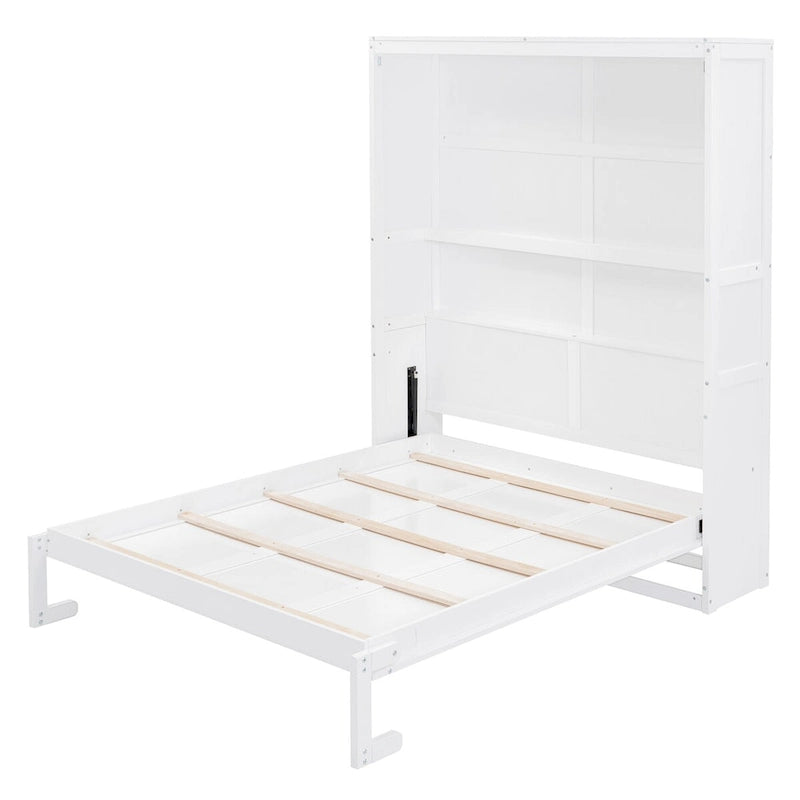 Queen Size Murphy Wall Storage Shelves,Hide Away Bed Frame Easily Folds into Wood Cabinet,W/Mattress Holder