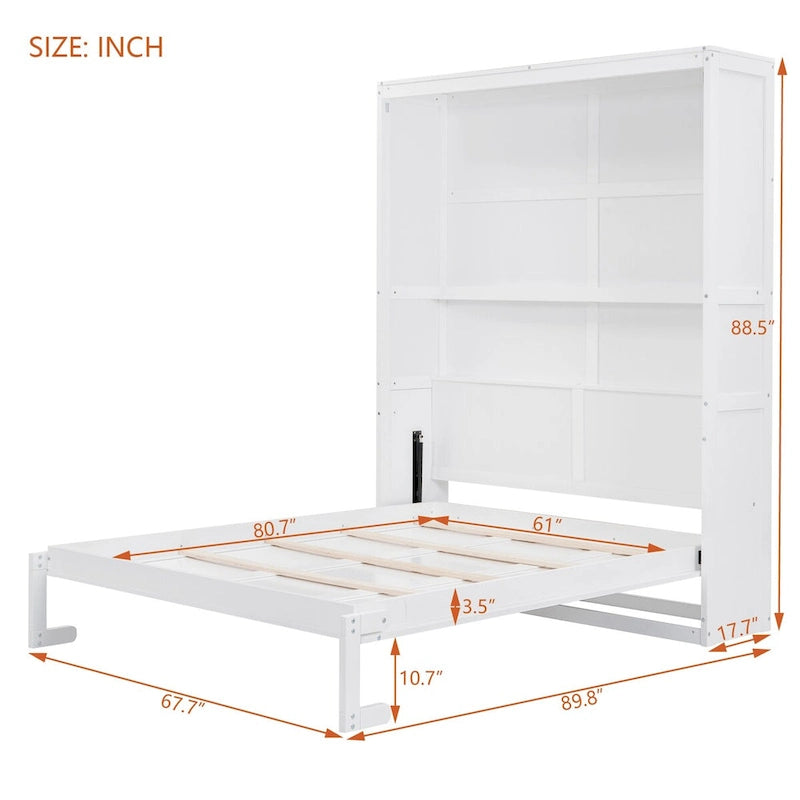 Queen Size Murphy Wall Storage Shelves,Hide Away Bed Frame Easily Folds into Wood Cabinet,W/Mattress Holder