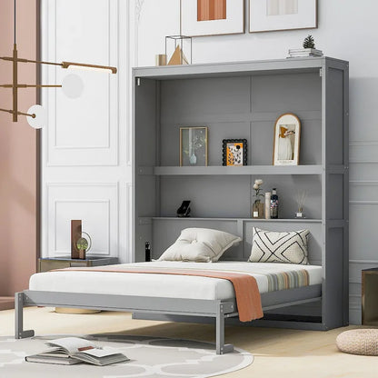 Queen Size Murphy Wall Storage Shelves,Hide Away Bed Frame Easily Folds into Wood Cabinet,W/Mattress Holder
