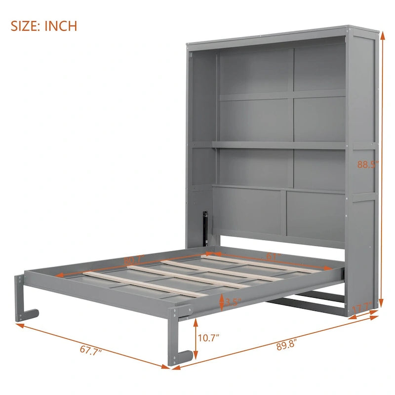 Queen Size Murphy Wall Storage Shelves,Hide Away Bed Frame Easily Folds into Wood Cabinet,W/Mattress Holder