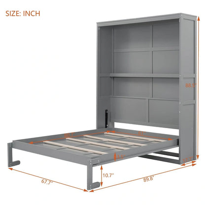 Queen Size Murphy Wall Storage Shelves,Hide Away Bed Frame Easily Folds into Wood Cabinet,W/Mattress Holder