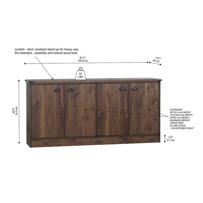 Brunei Contemporary Dark Walnut Wood Four-Door Credenza File Cabinet