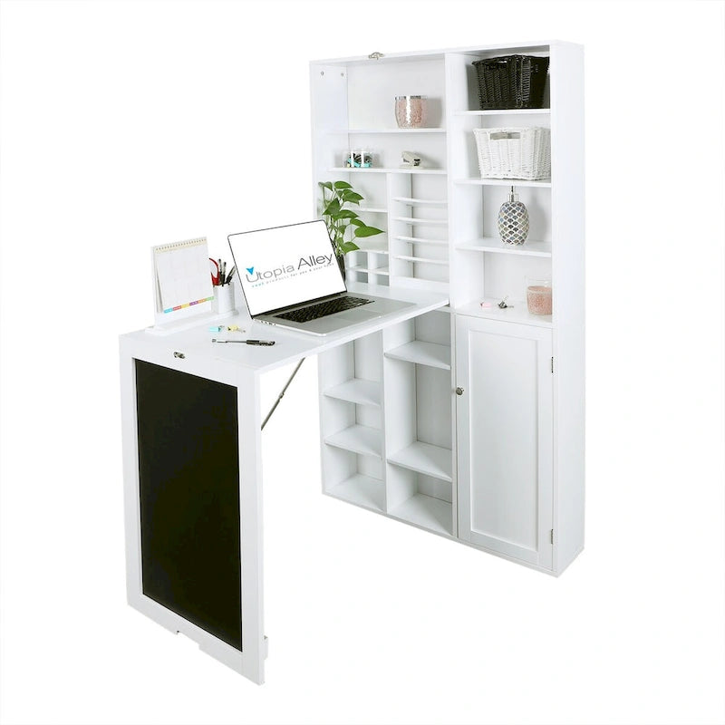 Utopia Alley Collapsible Fold Down Desk Table with Large Storage Cabinet & Bottom Shelves, Computer Desk, White