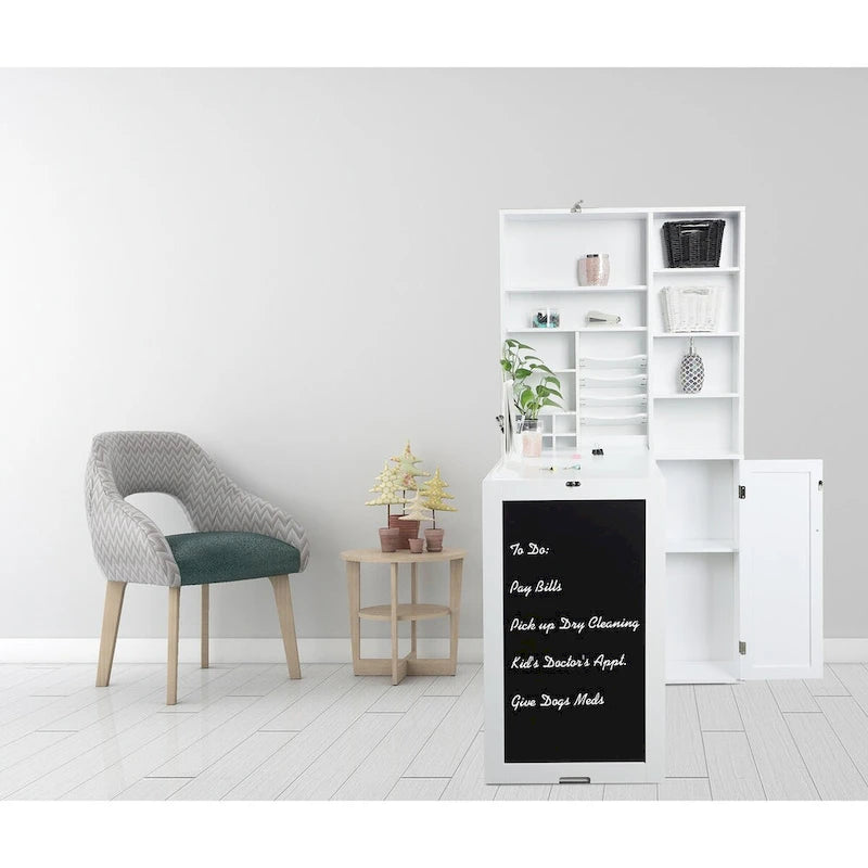Utopia Alley Collapsible Fold Down Desk Table with Large Storage Cabinet & Bottom Shelves, Computer Desk, White