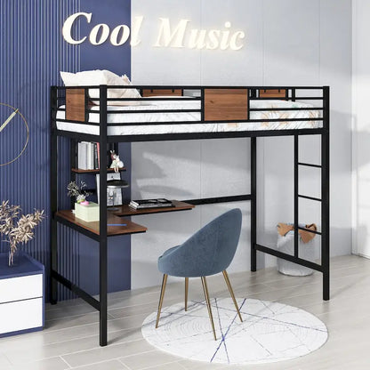 Twin Metal Loft Bed with Desk and Shelve