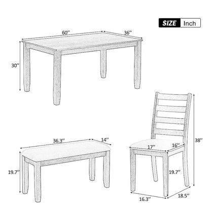 60 Farmhouse Rectangular Dining Table with 4 Upholstered Chairs and Bench