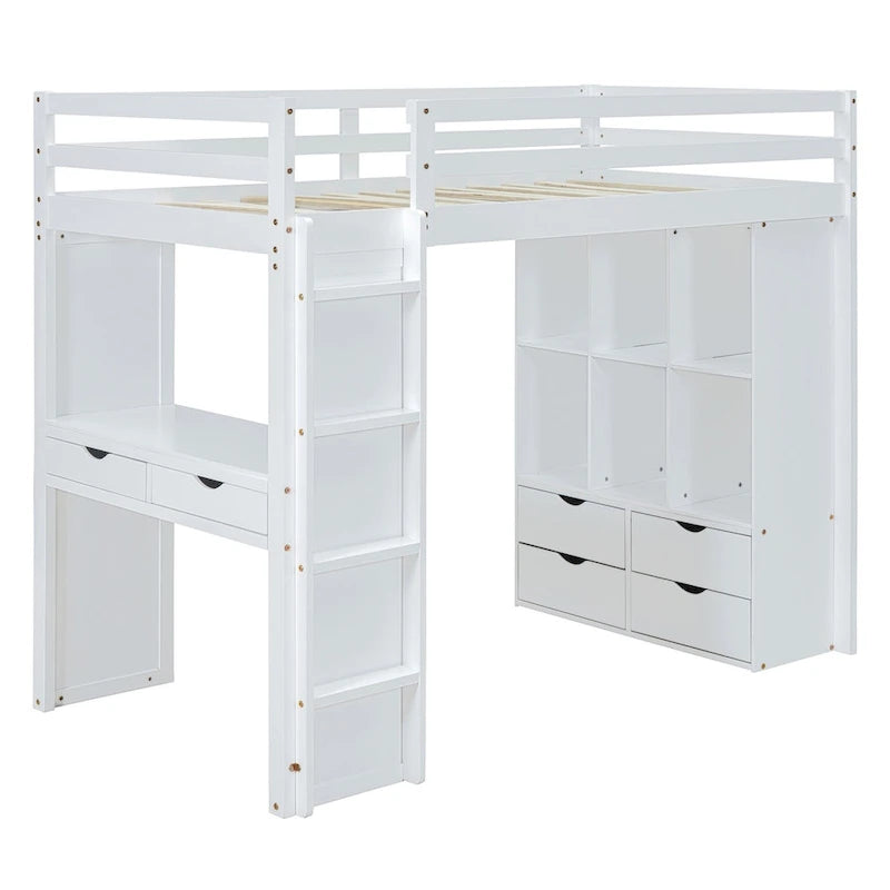 Merax Loft Bed with large shelves, writing desk and LED Light
