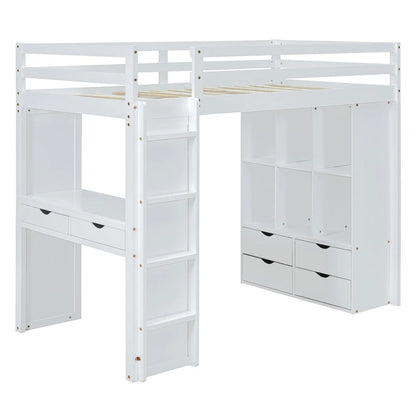 Merax Loft Bed with large shelves, writing desk and LED Light
