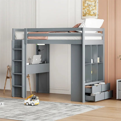 Merax Loft Bed with large shelves, writing desk and LED Light