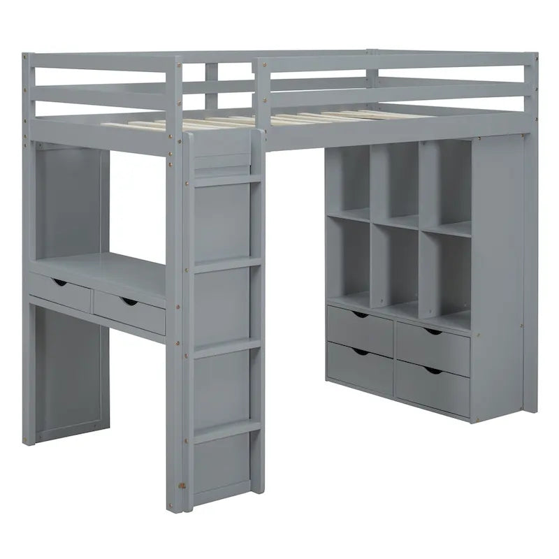 Merax Loft Bed with large shelves, writing desk and LED Light